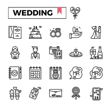 Düğün kutlaması ana hatları simgesi seti.