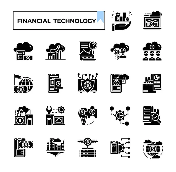 Glifo Tecnología Financiera Conjunto Iconos — Vector de stock