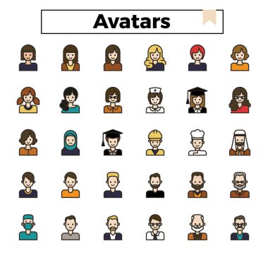 Avatar ve kullanıcı çizgi film simgesi seti.