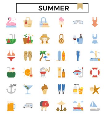 Yaz düz simgesi seti.