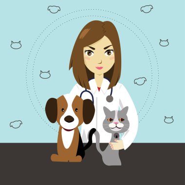 Veterinerin kedi ve köpekle resmi..