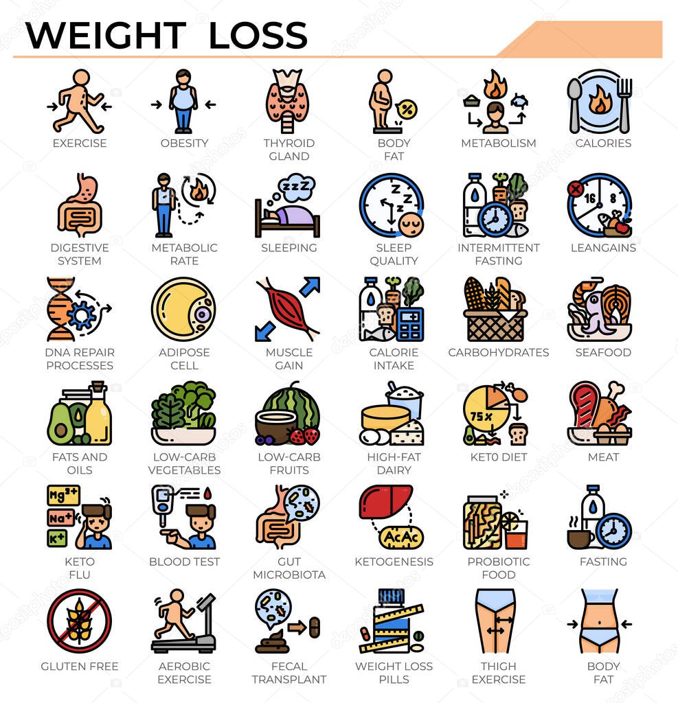 Weight loss and ketogenic diet icon set for science study, health issue and education website, presentation, book.