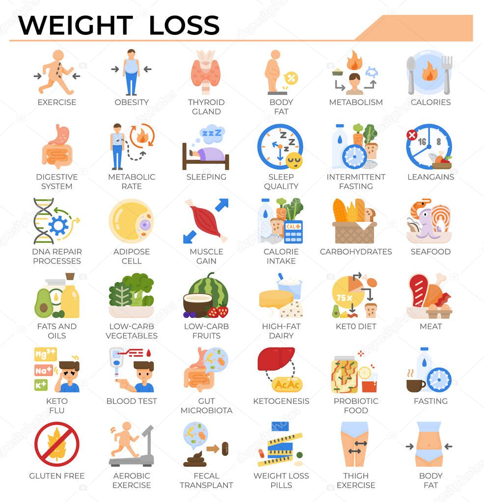 Weight loss and ketogenic diet icon set for science study, health issue and education website, presentation, book.