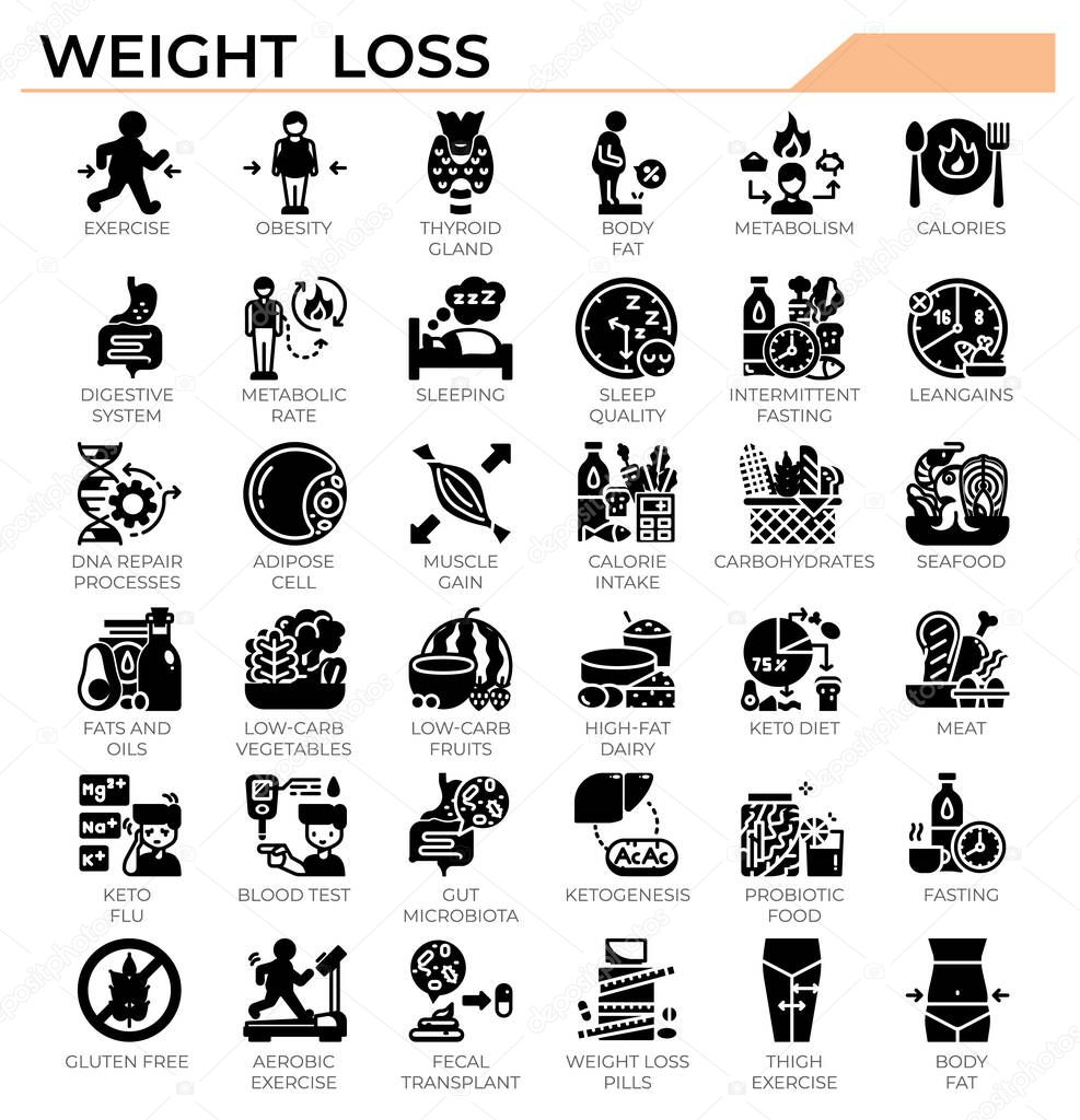 Weight loss and ketogenic diet icon set for science study, health issue and education website, presentation, book.