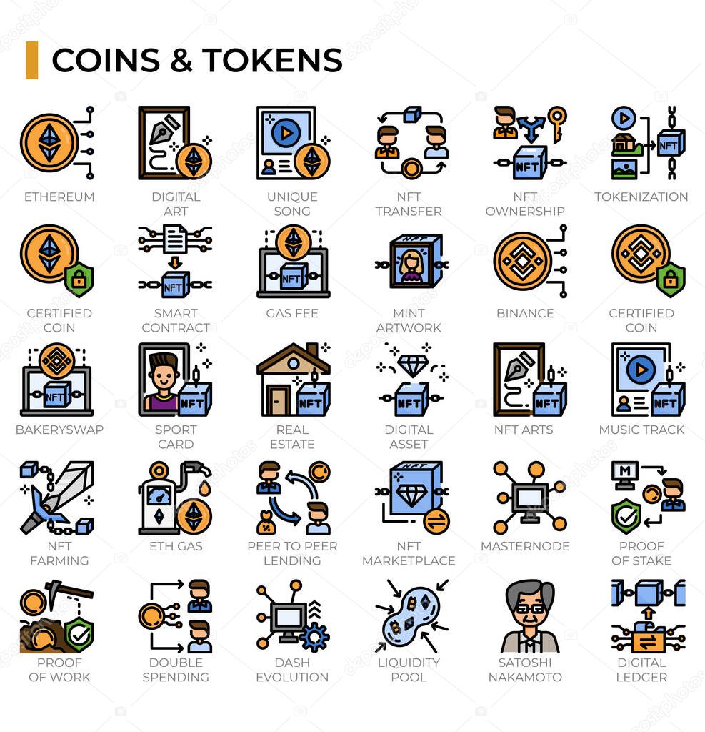 Non-fungible tokens and cryptocurrency icon set for cryptocurrency topics,education website, presentation, book.