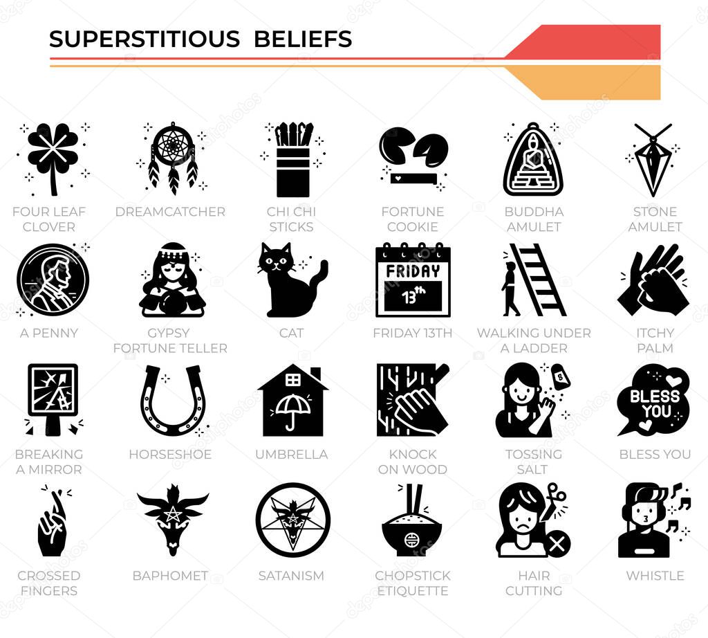 Superstitious beliefs icon set for website, presentation, book.