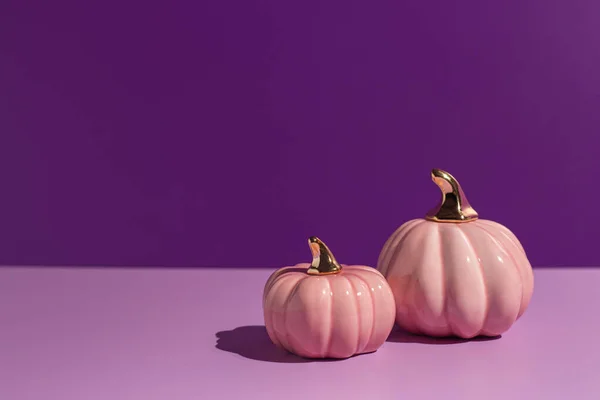 Deux Citrouilles Décoratives Roses Sur Fond Lilas Violet Lumière Dure Images De Stock Libres De Droits