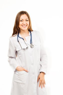 Güzel genç kadın doktor beyaz mavi phonen ile izole