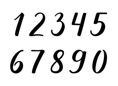 1, 2, 3, 4, 5, 6, 7, 8, 9, 0 el yazısıyla modern fırça kaligrafisi. Rakamlar dikkatle elle çiziliyor. Beyaz arka planda ince ve kalın çizgileri olan siyah parmaklar. Bir, iki, üç, dört, beş, altı, yedi, sekiz, dokuz, sıfır..