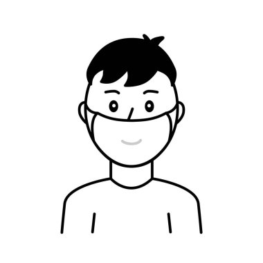 Yüz maskesi takan biri. Siyah beyaz ikon. Bir gülümseme, bez yüz maskesinin içinden hafifçe parlar. Doğru ağız ve burun örtüsünü sembolize ediyor. Poster, baskı, bilgi, duyuru, etiket.