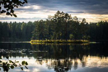 bulutlar ve yansımaları ile orman göl