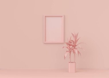 Tek renk açık pembe renkli, tek bitki ve tek dikey resim çerçeveli bir iç oda. Kopyalama alanı olan ışık arkaplanı. 3B biçimlendirme, poster çerçeve modeli