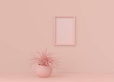Tek renk açık pembe renkli, tek bitki ve tek dikey resim çerçeveli bir iç oda. Kopyalama alanı olan ışık arkaplanı. 3B biçimlendirme, poster çerçeve modeli