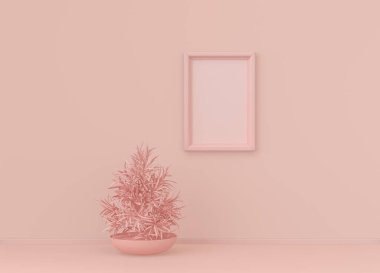 Tek renk açık pembe renkli, tek bitki ve tek dikey resim çerçeveli bir iç oda. Kopyalama alanı olan ışık arkaplanı. 3B biçimlendirme, poster çerçeve modeli