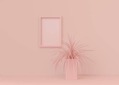 Tek renk açık pembe renkli, tek bitki ve tek dikey resim çerçeveli bir iç oda. Kopyalama alanı olan ışık arkaplanı. 3B biçimlendirme, poster çerçeve modeli
