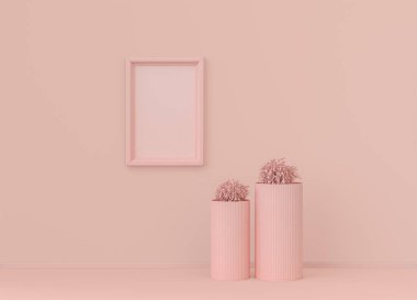 Tek renk açık pembe renkli, tek bitki ve tek dikey resim çerçeveli bir iç oda. Kopyalama alanı olan ışık arkaplanı. 3B biçimlendirme, poster çerçeve modeli