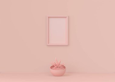Tek renk açık pembe renkli, tek bitki ve tek dikey resim çerçeveli bir iç oda. Kopyalama alanı olan ışık arkaplanı. 3B biçimlendirme, poster çerçeve modeli