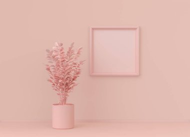 Tek renk açık pembe renkli ve tek kare resim çerçeveli tek renk iç oda. Kopyalama alanı olan ışık arkaplanı. 3B biçimlendirme, poster çerçeve modeli