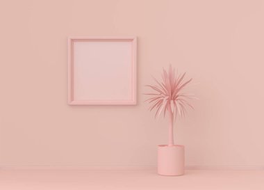 Tek renk açık pembe renkli ve tek kare resim çerçeveli tek renk iç oda. Kopyalama alanı olan ışık arkaplanı. 3B biçimlendirme, poster çerçeve modeli