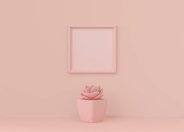 Tek renk açık pembe renkli ve tek kare resim çerçeveli tek renk iç oda. Kopyalama alanı olan ışık arkaplanı. 3B biçimlendirme, poster çerçeve modeli