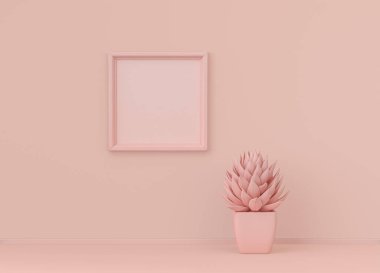 Tek renk açık pembe renkli ve tek kare resim çerçeveli tek renk iç oda. Kopyalama alanı olan ışık arkaplanı. 3B biçimlendirme, poster çerçeve modeli