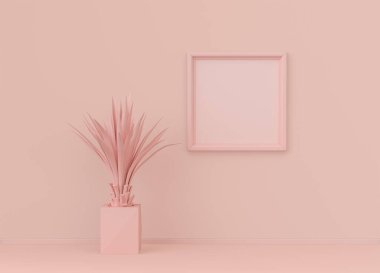 Tek renk açık pembe renkli ve tek kare resim çerçeveli tek renk iç oda. Kopyalama alanı olan ışık arkaplanı. 3B biçimlendirme, poster çerçeve modeli