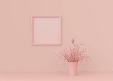 Tek renk açık pembe renkli ve tek kare resim çerçeveli tek renk iç oda. Kopyalama alanı olan ışık arkaplanı. 3B biçimlendirme, poster çerçeve modeli