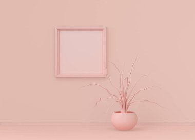 Tek renk açık pembe renkli ve tek kare resim çerçeveli tek renk iç oda. Kopyalama alanı olan ışık arkaplanı. 3B biçimlendirme, poster çerçeve modeli