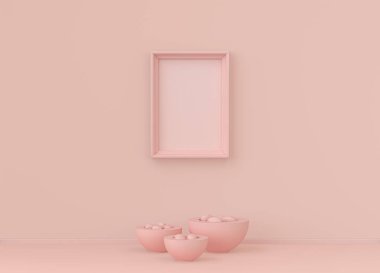 Tek renk açık pembe renkli, tek bitki ve tek resim çerçeveli bir iç oda. Kopyalama alanı olan ışık arkaplanı. 3B biçimlendirme, poster çerçeve modeli