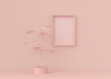 Tek renk açık pembe renkli, tek bitki ve tek resim çerçeveli bir iç oda. Kopyalama alanı olan ışık arkaplanı. 3B biçimlendirme, poster çerçeve modeli