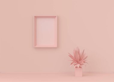 Tek renk açık pembe renkli, tek bitki ve tek resim çerçeveli bir iç oda. Kopyalama alanı olan ışık arkaplanı. 3B biçimlendirme, poster çerçeve modeli