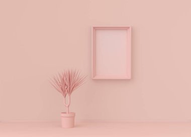 Tek renk açık pembe renkli, tek bitki ve tek resim çerçeveli bir iç oda. Kopyalama alanı olan ışık arkaplanı. 3B biçimlendirme, poster çerçeve modeli