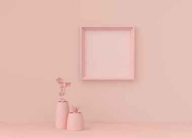 Tek renk açık pembe renkli, tek bitki ve tek resim çerçeveli bir iç oda. Kopyalama alanı olan ışık arkaplanı. 3B biçimlendirme, poster çerçeve modeli