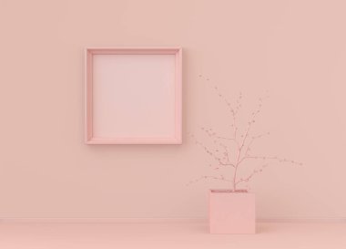 Tek renk açık pembe renkli, tek bitki ve tek resim çerçeveli bir iç oda. Kopyalama alanı olan ışık arkaplanı. 3B biçimlendirme, poster çerçeve modeli