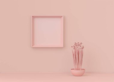 Tek renk açık pembe renkli, tek bitki ve tek resim çerçeveli bir iç oda. Kopyalama alanı olan ışık arkaplanı. 3B biçimlendirme, poster çerçeve modeli