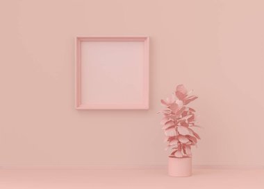 Tek renk açık pembe renkli, tek bitki ve tek resim çerçeveli bir iç oda. Kopyalama alanı olan ışık arkaplanı. 3B biçimlendirme, poster çerçeve modeli