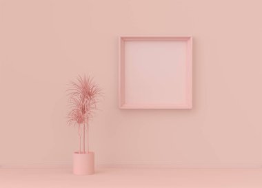 Tek renk açık pembe renkli, tek bitki ve tek resim çerçeveli bir iç oda. Kopyalama alanı olan ışık arkaplanı. 3B biçimlendirme, poster çerçeve modeli