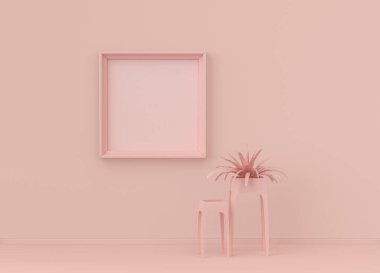 Tek renk açık pembe renkli, tek bitki ve tek resim çerçeveli bir iç oda. Kopyalama alanı olan ışık arkaplanı. 3B biçimlendirme, poster çerçeve modeli