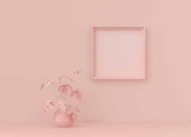 Tek renk açık pembe renkli, tek bitki ve tek resim çerçeveli bir iç oda. Kopyalama alanı olan ışık arkaplanı. 3B biçimlendirme, poster çerçeve modeli