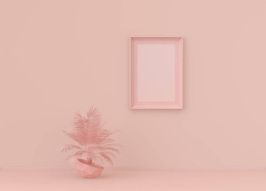 Tek renk açık pembe renkli, tek bitki ve tek resim çerçeveli bir iç oda. Kopyalama alanı olan ışık arkaplanı. 3B biçimlendirme, poster çerçeve modeli