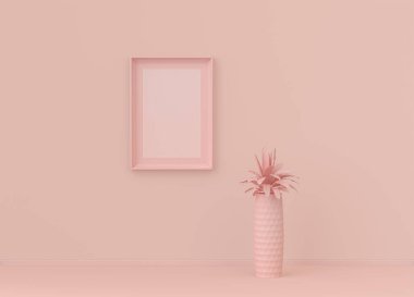 Tek poster çerçevesi ve tek çiçekli düz pembemsi renk odası, tek renkli konsept, üç boyutlu çizim, resim çerçevesi modeli.