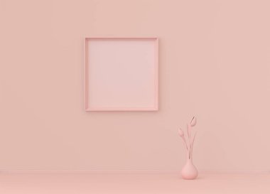 Tek poster çerçevesi ve tek çiçekli düz pembemsi renk odası, tek renkli konsept, üç boyutlu çizim, resim çerçevesi modeli.