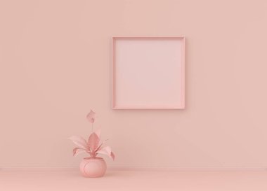 Tek poster çerçevesi ve tek çiçekli düz pembemsi renk odası, tek renkli konsept, üç boyutlu çizim, resim çerçevesi modeli.