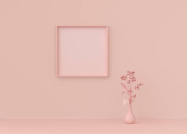 Tek poster çerçevesi ve tek çiçekli düz pembemsi renk odası, tek renkli konsept, üç boyutlu çizim, resim çerçevesi modeli.
