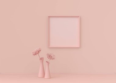 Tek poster çerçevesi ve tek çiçekli düz pembemsi renk odası, tek renkli konsept, üç boyutlu çizim, resim çerçevesi modeli.