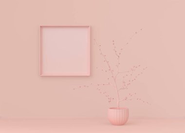 Tek poster çerçevesi ve tek çiçekli düz pembemsi renk odası, tek renkli konsept, üç boyutlu çizim, resim çerçevesi modeli.
