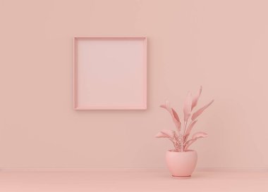 Tek poster çerçevesi ve tek çiçekli düz pembemsi renk odası, tek renkli konsept, üç boyutlu çizim, resim çerçevesi modeli.