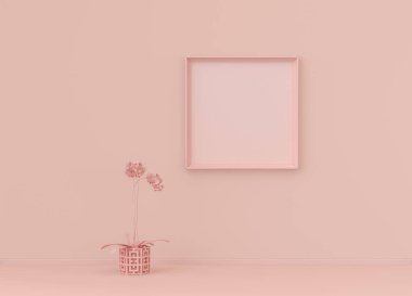 Tek poster çerçevesi ve tek çiçekli düz pembemsi renk odası, tek renkli konsept, üç boyutlu çizim, resim çerçevesi modeli.
