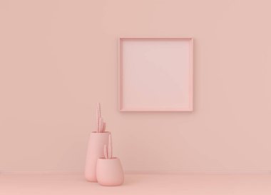 Tek poster çerçevesi ve tek çiçekli düz pembemsi renk odası, tek renkli konsept, üç boyutlu çizim, resim çerçevesi modeli.