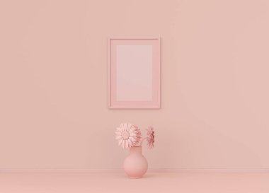 Tek dikey poster çerçevesi çerçeveli ve tek çiçekli düz pembe renkli oda, tek renkli konsept, üç boyutlu görüntüleme, resim çerçevesi maketi